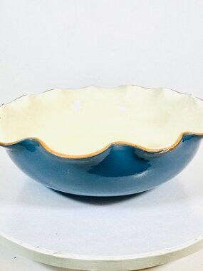 Pottery Studio Bowl 11" Ruffle Edge Teal Glaze Italian Artizan Style Ceramic